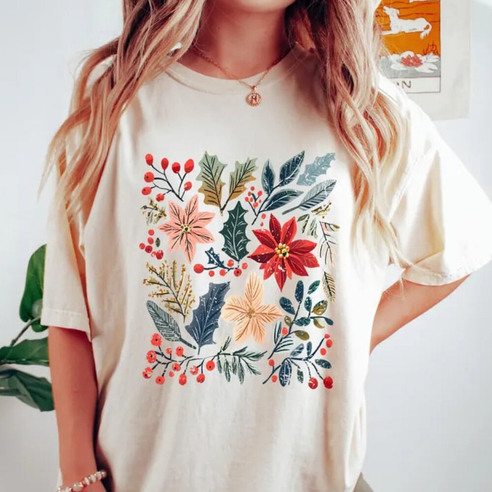 Floral Christmas Shirt, Cute Winter Shirt, Floral Christmas Tee
